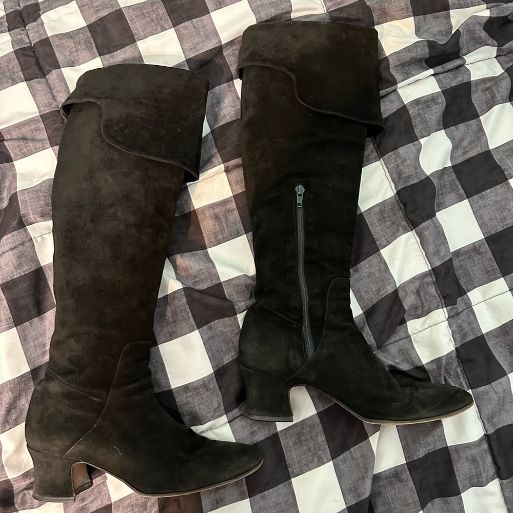 Vintage Yves Saint Laurent 1980s Knee High Black Suede Boots US Size 9